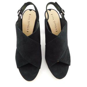 VIA SPIGA Black Suede Leather Cross Over Open Toe Sling Back Block Heels 8.5